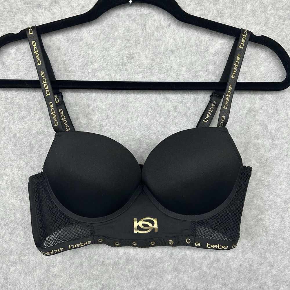 Bebe Black Push Up Padded Bra 34C Adjustable Straps Underwire Gold Grommets Sexy